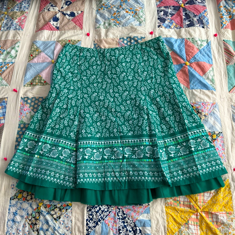 apt. 9 Green & White Cotton Swing Skirt w Sequins & Tulle Underlay